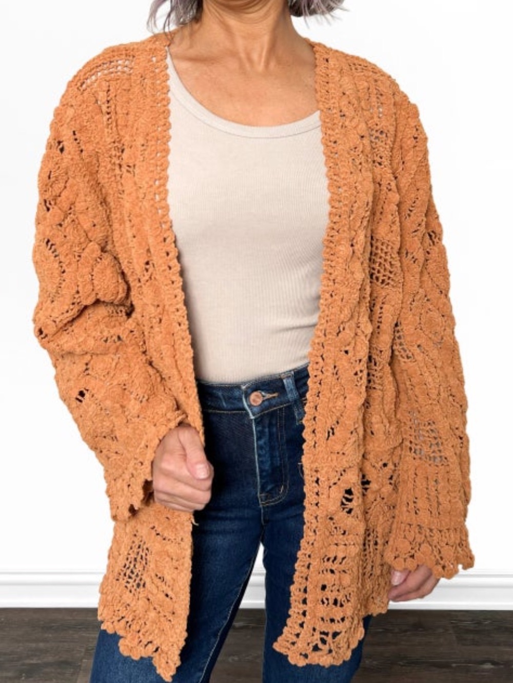 NWOT POL Crochet Open-Front Cardigan in Ginger S/M